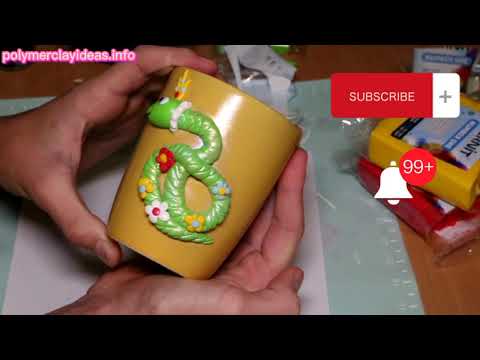 Polymer clay cartoon snake. Polymer clay tutorial on sculpting decor on a cup