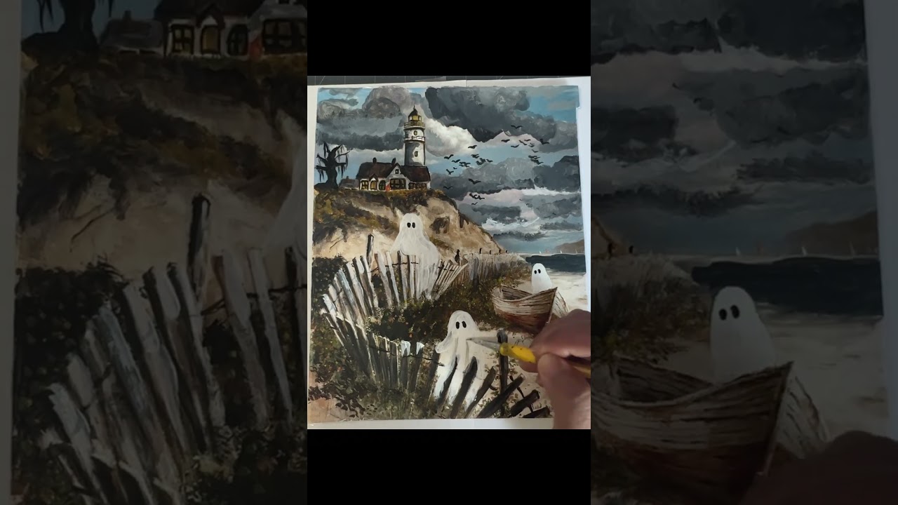 Thrifted Ghost Painting Spooky Lighthouse Short