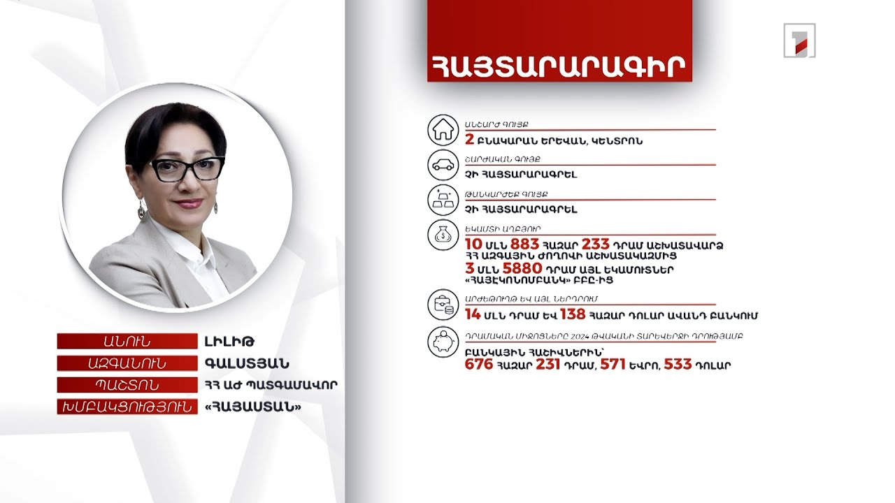 2 բնակարան, 2 մլն 676 հազար դրամ. ՀՀ ԱԺ պատգամավոր Լիլիթ Գալստյանի հայտարարագիրը