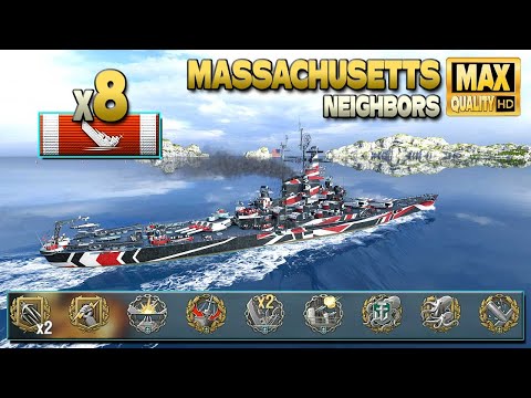 Battleship Massachusetts: Its raining medals on map Neighbors - World of Warships