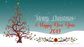 Christmas And New Year Greeting With Growing Vines Flourishes Christmas Tree And Falling Snowflakes