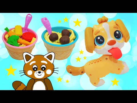 Pukkins och hunden gör rolig mat i Play Doh lera - Lek och lär - Lek med oss