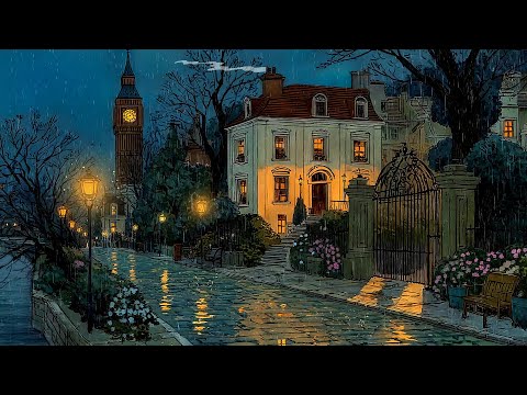 it's rainy night in 1940's with soft oldies playing in another room  ( Rainfall Front yard ambience)
