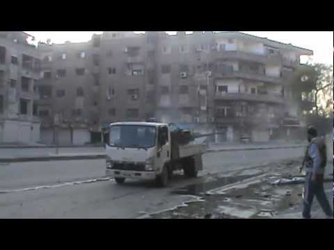 استهداف مواقع قوات النظام في شارع الثلاثين في مخيم اليرموك في مدينة دمشق بواسطة رشاش 23 من قبل كتيبة صقور الجولان التابعة للواء الحجر الأسود