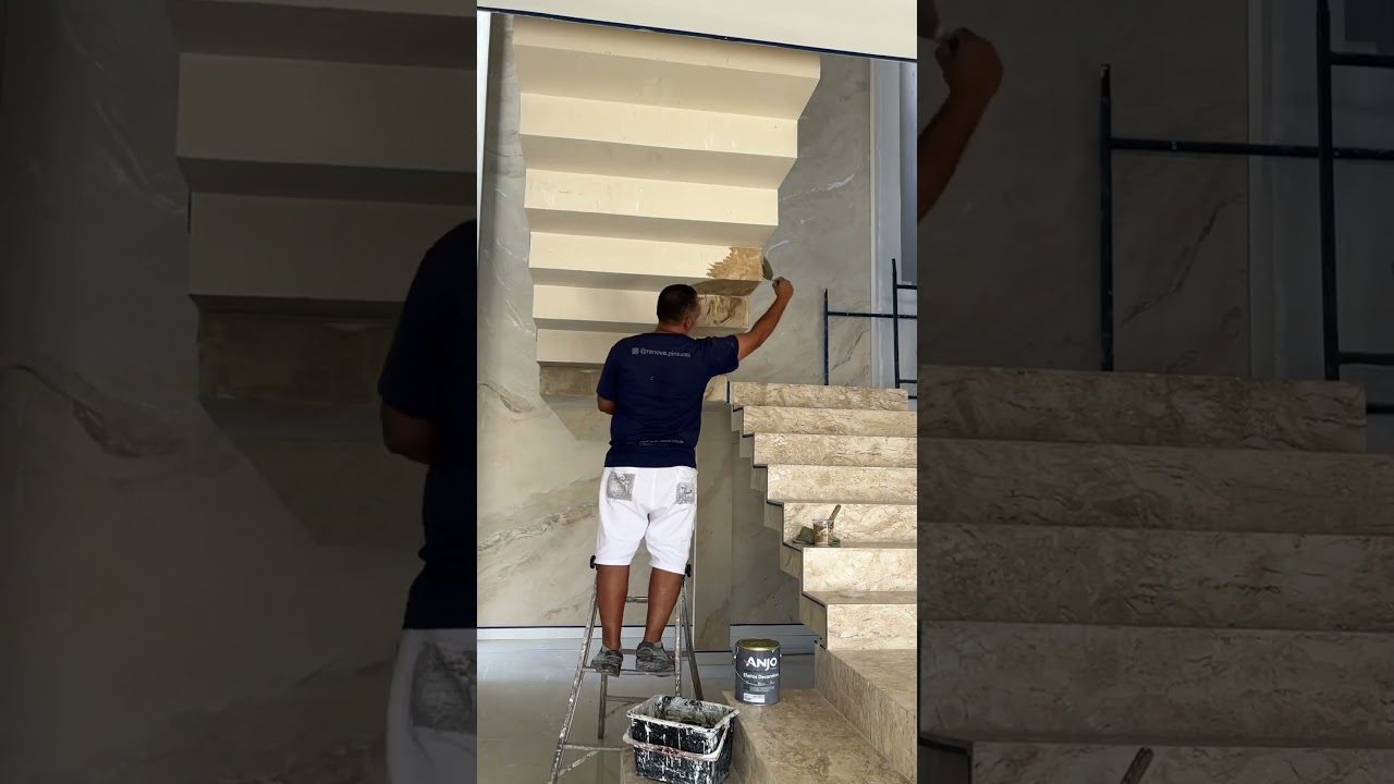 Efeito mármore mesclado com folhas de ouro! #escada #efeito