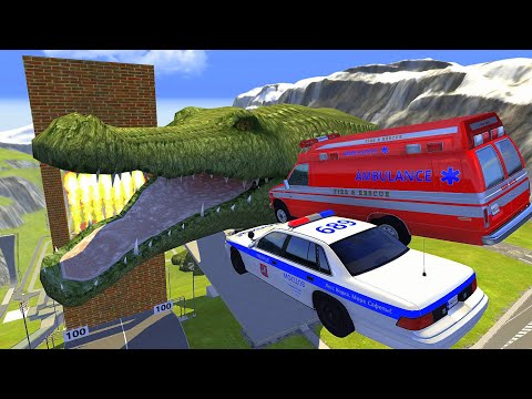 Crazy Vehicle High Speed Jumping through Crocodile Mouth In Fire Wall Crash- BeamNG drive
