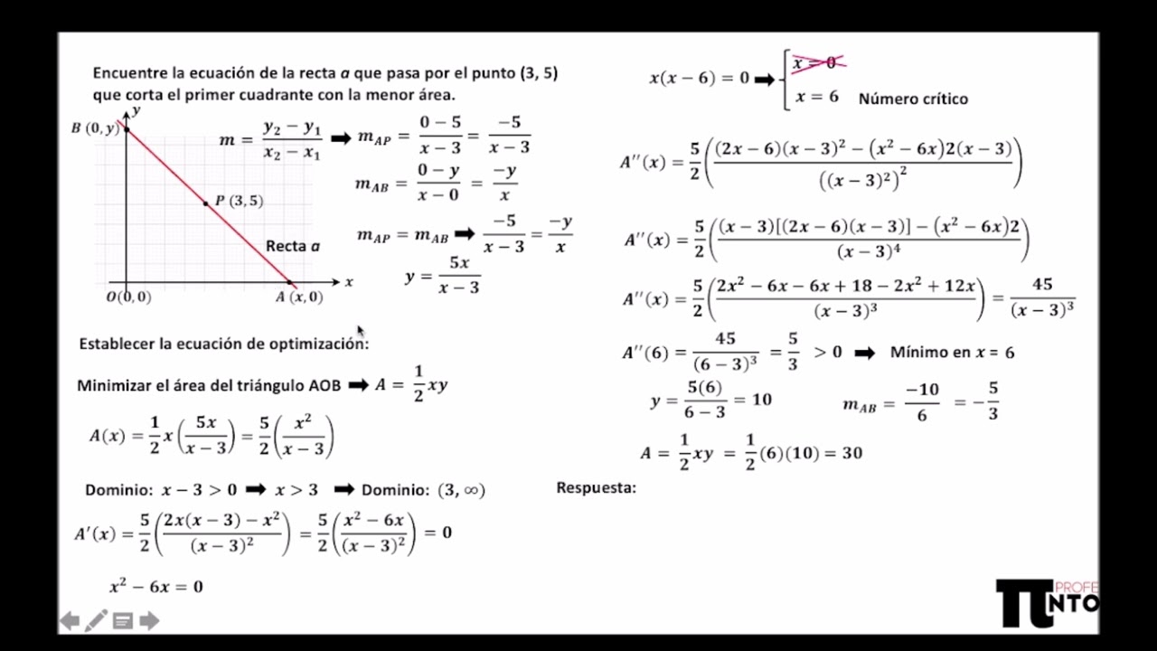 Máximos y mínimos. Encuentre la ecuación de la recta a que pasa por el punto (3, 5) que corta el....