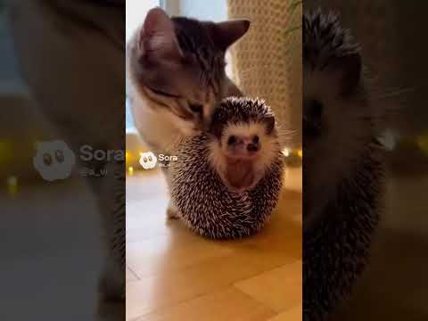 Как он не колется?! 😳 Кот моет ёжика #кот #ежик #дружба #милота #животные #нежность #природа #fyp