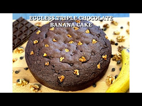 No Icing Eggless Triple Chocolate Banana Cake | Super Moist, Soft & Chocolaty | No Oven & Oven