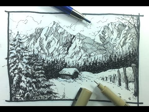 Pen Ink Drawing Tutorials | How to draw a winter landscape