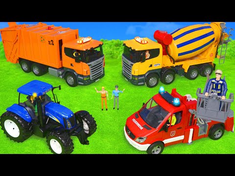 Arabalar çizgi film, Ekskavatör ve Yeni, Traktör  - Itfaiyeci oyuncak - polis arabası Toys for kids