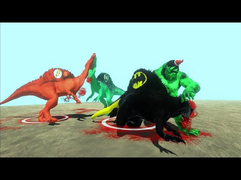 HULK, GREEN LANTERN SPINO vs FLESH and BATMAN SPINOSAURUS DEATH RUN - Animal Revolt Battle Simulator