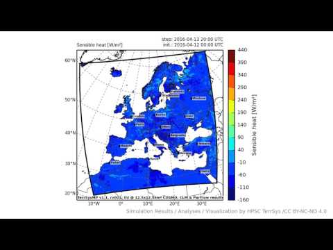 TerrSysMP monitoring run 2016-04-12 - sensible heat - Europe (72h)