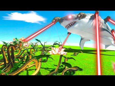 GIANT SHARK with T-REX LASER HEADS vs FLYING HARPOON SNAKES - Animal Revolt Battle Simulator Part 2