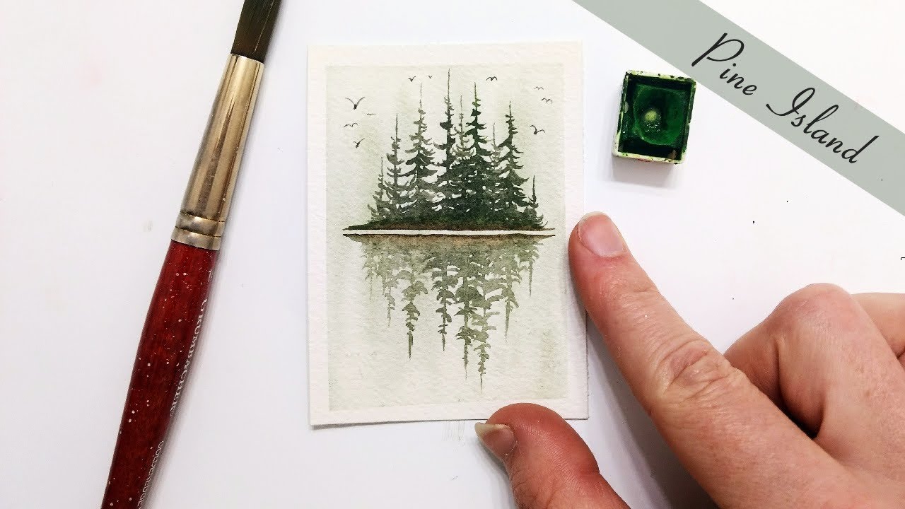 Beginner watercolor pine tree island painting tutorial » How to paint pine trees EASY step by step
