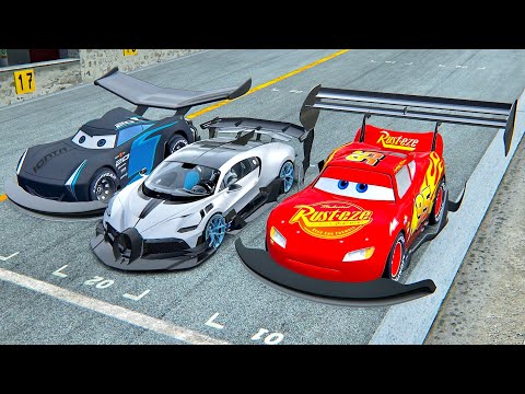 Bugatti Divo GTR vs Lightning McQueen GTR vs Jackson Storm GTR - Drag Race
