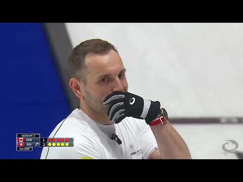 #wmcc2023 Pablo Lachat burns an opposition stone sweeping behind tee line at sheet's edge