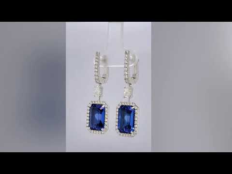 Tanzanite and diamond halo drop earrings in white gold 18k