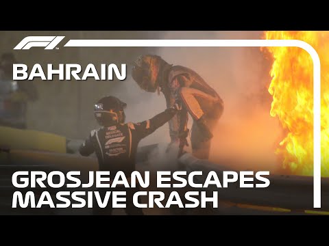 , title : 'Romain Grosjean Walks Away From Dramatic, Fiery Crash | 2020 Bahrain Grand Prix'