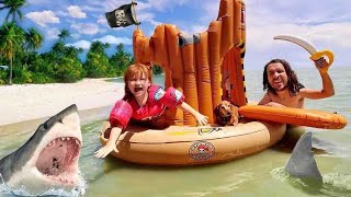 DOG RESCUE MiSSiON!!  Pirate Ship and Swimming with pretend Sharks! family day playing at the lake!