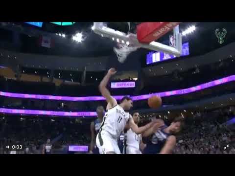 Brook Lopez dunks on Dario Saric.  Milwaukee Bucks vs Minnesota Timberwolves