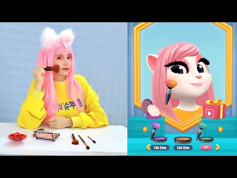 Cute Girl Imitating Angela Makeup - Who Will Be More Beautiful? - My Talking Angela 2 Catch Trend