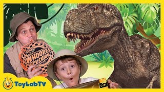 GIANT Life Size T-REX Dinosaur vs Park Ranger Aaron In Real Life at Playground in Fun Kids Toy Video