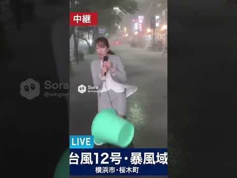 ミニスカ女子アナの中継中に台風でバケツが顔面直撃