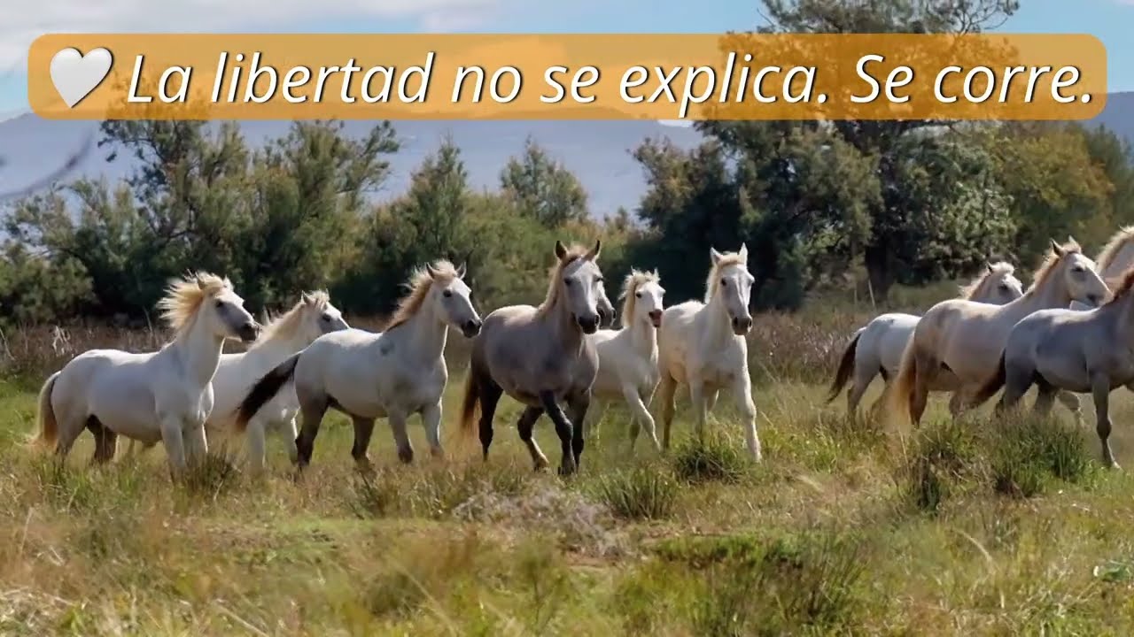 Manada de caballos blancos al galope en campo