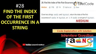 YouTube video 'Find the Index of the First Occurrence in a String | LeetCode 28 | Learn Overflow'