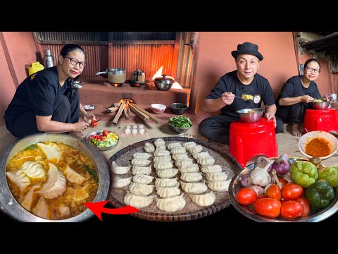 JHOL MOMO - Winter Recipe | Vegetable Jhol Momo Recipe with Till Chutney Cooking & Eating in Village