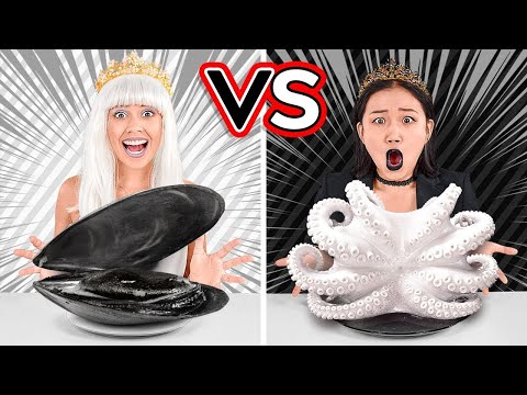 CHALLENGE: WHITE FOOD VS BLACK FOOD! Eating Everything in One Color for 24 Hours, by 123 GO! CHAL...