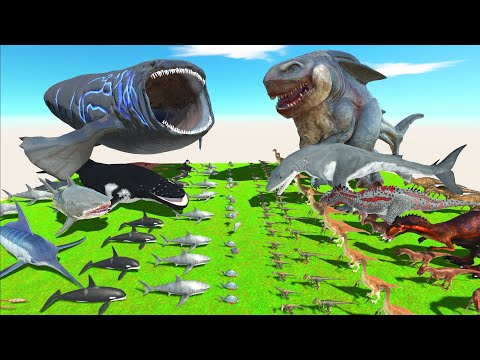 Aquatics Revolt Battle with Bloop + Megalodon + Whale VS Team Megalodon Rex + King Shark + Dinosaurs