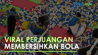 Viral Perjuangan 2 Karyawan Wanita Membersihkan Kolam Mandi Bola hingga Terduduk karena Kelelahan