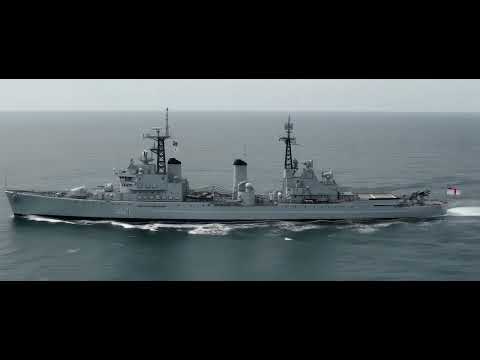 HMS Lion guided missile cruiser in sea (AI)