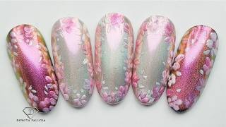 Cat eye nail art with magic chrome and the simple flowers. Spring nail art for beginners 