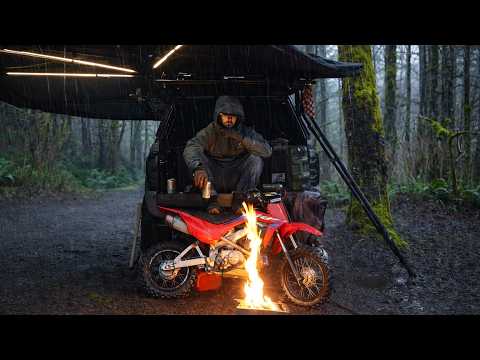 Solo Camping in a Heavy Rainstorm (Pit Bike, Campfire & Beers)