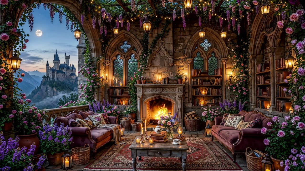Moonlit Castle View Hearth 🔥 Cozy Fireplace Ambience for Reading, Relaxation & Deep Sleep