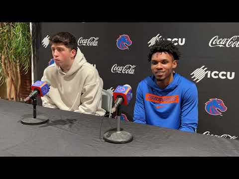 Boise State's Pearson Carmichael and Dylan Andrews talk after a 75-58 home loss to Grand Canyon