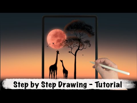 Giraffes Under the Moon iPad Procreate Drawing - Step by Step Drawing Tutorial