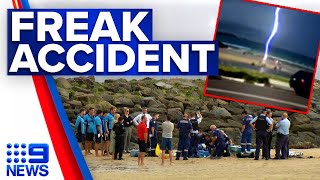 Video shows moment lightning strikes boy in ‘extreme freak accident’ on NSW beach | 9 News Australia