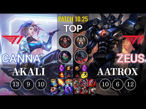 T1 Canna Akali vs T1 Zeus Aatrox Top - KR Patch 10.25