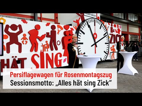 Rosenmontagszug im Rheinenergie-Stadion in Köln: Persiflagewagen werden vorgestellt