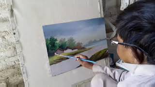 preview picture of video 'Oil Landscape Painting Indian village with (Qaisar art)'
