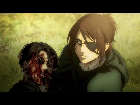 Hange finds Levi injured and Runs away with him protecting him from Zeke and the new Scouts
