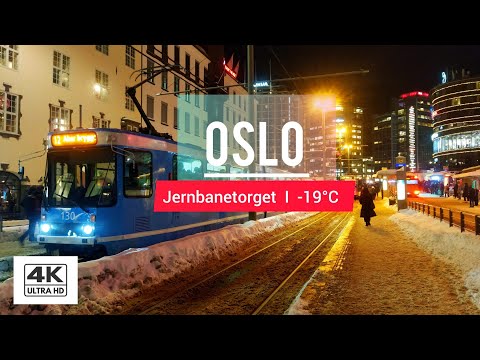 Downtown Oslo_ Jernbanetorget, The Busiest Tram & Bus Stop in the Deep Evening Winter Rush Home_l 4K