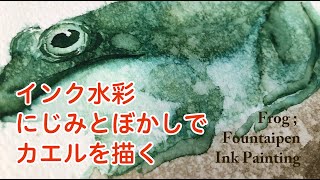 【インク水彩】ぼかしとにじみでカエルを描く。Frog : Watercolor, Fountain-pen ink .