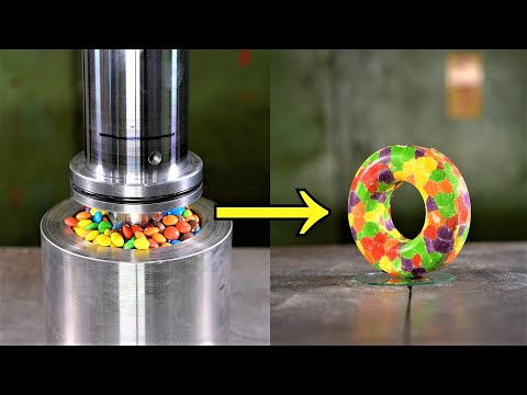 YouTubers Turn Two Big Skittles Packets Into One Big Skittles Donut Using A 150-Ton Hydraulic Press
