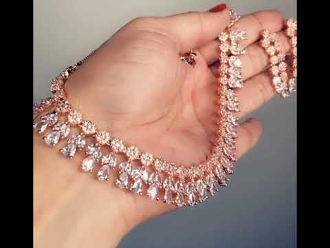 Rose Gold American Diamond AD Necklace Earrings Set