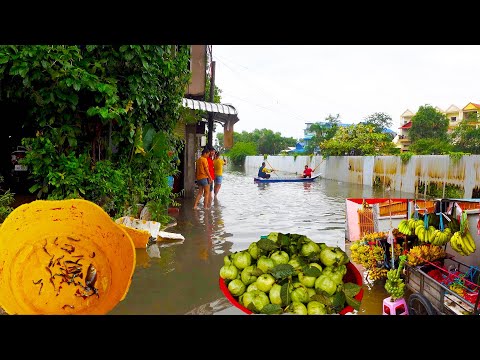 Riding Boat To The Market To Buy Food  - Flooding In My Area After Big Raining&Catching Trey Kreum